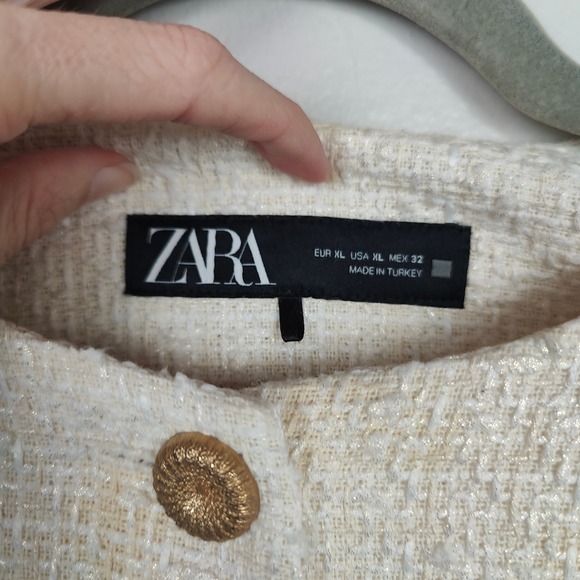 Zara Textured Jacket Womens XL Cream‎ Gold Button Preppy Classic Tweed Holiday - Picture 6 of 9